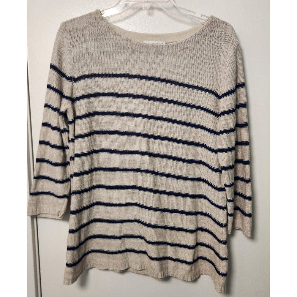 Coldwater Creek Beige Striped 3/4 Sleeve‎ Linen Cotton Silk Lightweight Top Lrg